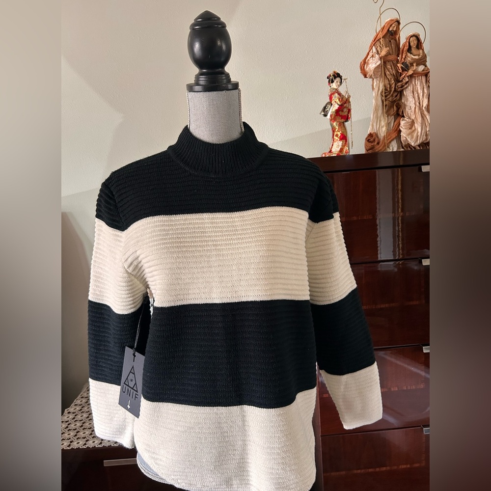 UNIF BOBBIE Black & White Wide-Stripe Ribbed Mock Neck Sweater